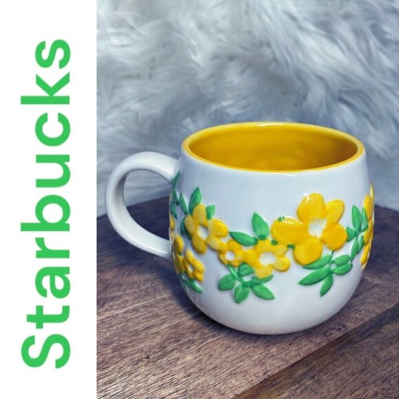 STARBUCKS 2007 Floral Ceramic 12 oz Mug Yellow White - Picture 3 of 8